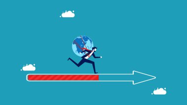 Dünya ileri gidiyor. Bir ok vektörü üzerinde çalışan küresi olan bir iş adamı