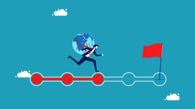 Dünya ekonomisi gelişiyor. Dünyası bir ilerleme çubuğu vektörüyle çalışan iş adamı