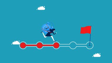 Hedefe ve ilerlemeye ulaşma zamanı. İlerleme çubuğunda saati olan iş kadını.