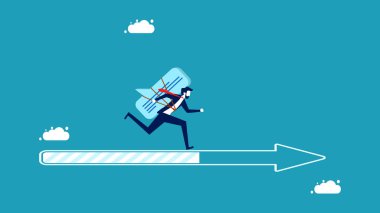 İletişim hedefleri. Mesaj baloncukları olan işadamı ok üzerinde ileriyi işaret ederek çalışıyor