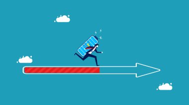 İlerleme için göreve bağlılık. İş adamı ok çubuğunda tüm gücüyle koşuyor. vektör