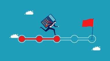 Yatırım ilerlemesi. İlerleme çubuğunda çalışan hesap makineli bir iş adamı. vektör