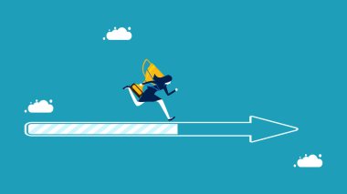 İlerleme ve görevler. Arrow Bar 'da koşan harika bir iş kadını. vektör