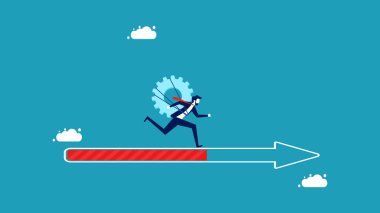 Adanmışlık ve hedefe ulaşma görevi. Ok ilerleme çubuğunda çalışan dişli bir işadamı. vektör