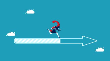 Görevler ve sorunları çözmede ilerleme. Soru işareti olan iş kadını ok çubuğunda koşuyor.