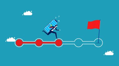 Görevin taahhüdü. Tam enerjili iş adamı bir ilerleme çubuğu vektörü üzerinde çalışıyor