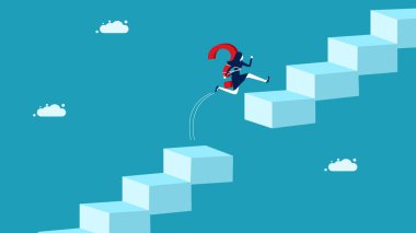 Sorunların ve engellerin üstesinden gel. İş kadını soru işaretiyle işin üzerinden atlıyor. 