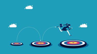 Daha büyük bir hedefe ilerleyin. İş kadınları daha büyük hedeflere atlar. vektör illüstrasyonu