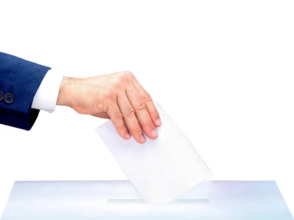 Man Hand Zetten Stembiljet Stembus Tegen Witte Achtergrond — Stockfoto