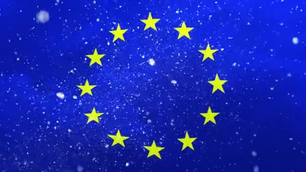View Snowflakes Falling Storm Flag European Community Concept Winter Cold — Stockvideo