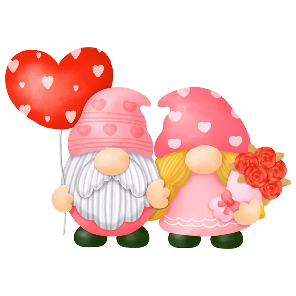 Akwarela Gnomes Valentine Clipart Cyfrowe Malarstwo — Wektor stockowy