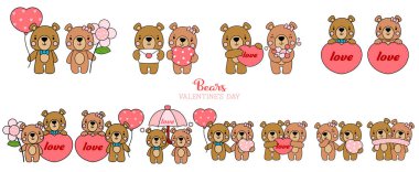 cute teddy bear love set valentines day with elements, Filled vector 