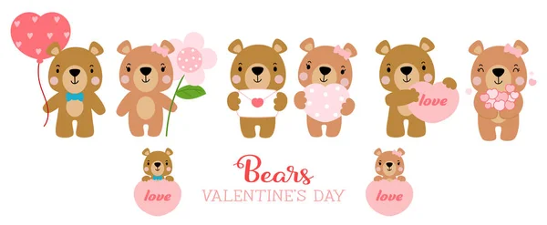 Cute Teddy Bear Love Set Valentines Day Elements Falt Vector —  Vetores de Stock