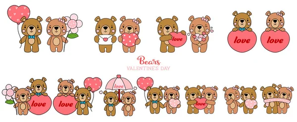 Cute Teddy Bear Love Set Valentines Day Elements Filled Vector — Stok Vektör