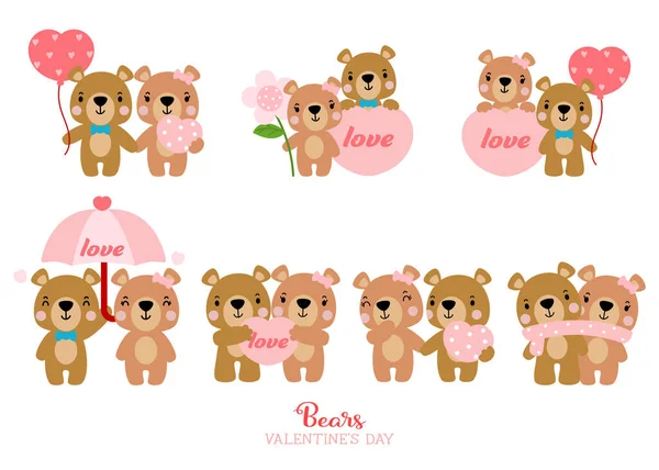 Cute Teddy Bear Love Set Valentines Day Elements Falt Vector — Stok Vektör