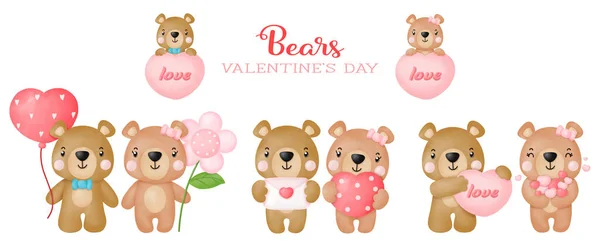 Watercolor Cute Teddy Bear Love Valentines Day Digital Painting — Stockvektor