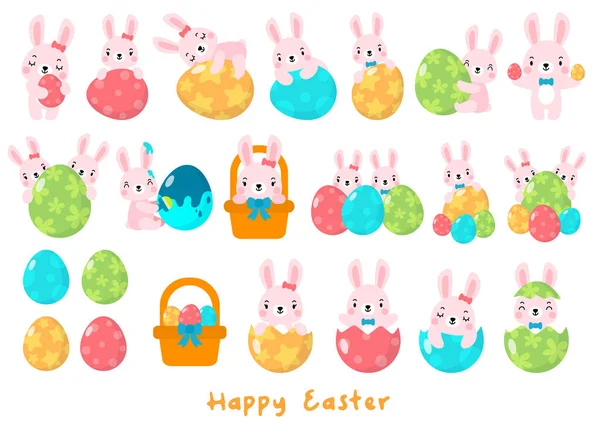 stock vector Happy Easter Flat Clipart, Rabbit and Egg