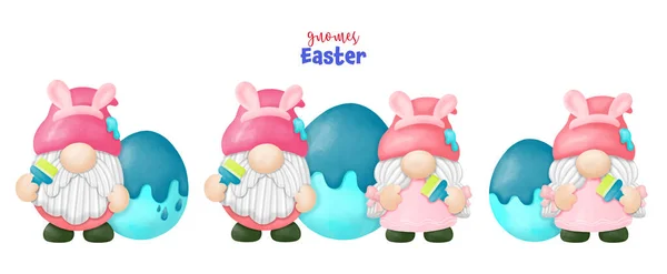 Watercolor Happy Gnomes Easter Clipart Rabbit Egg Digital Painting — 스톡 벡터