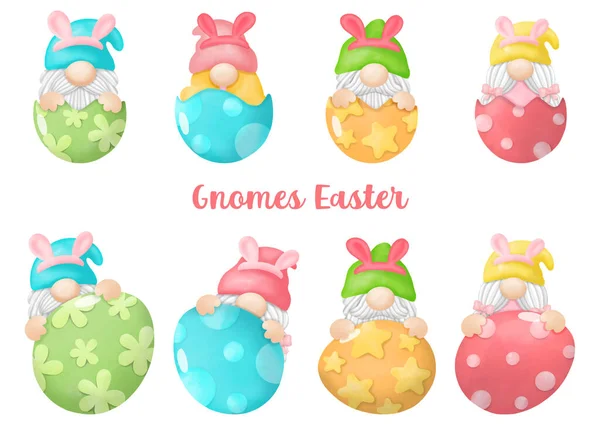 Watercolor Happy Gnomes Easter Clipart Rabbit Egg Digital Painting — 스톡 벡터