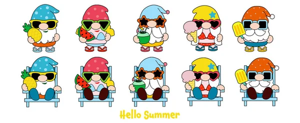 Gnomes Summer Beach Filled Clipart — 스톡 벡터