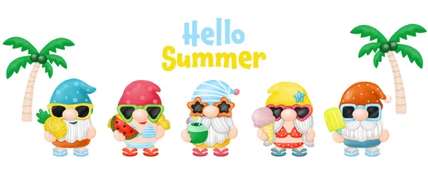Watercolor Gnomes Summer Beach Clipart Png Digital Painting — 스톡 벡터