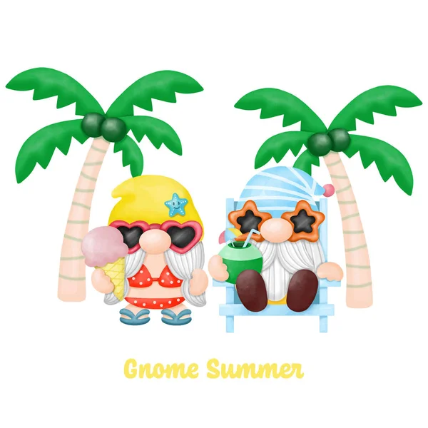 Aquarelle Gnomes Summer Beach Clipart Png Peinture Numérique — Image vectorielle