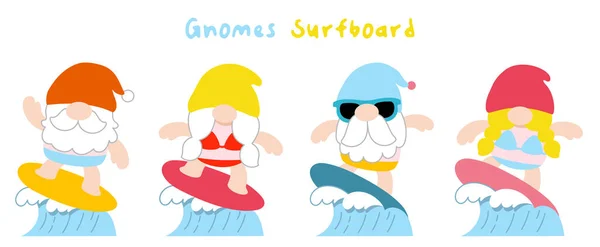 Gnomes Surfbräda Sommar Flat Clipart — Stock vektor
