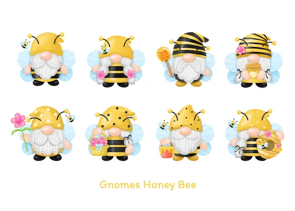 Gnomes Honey Bee Watercolor Clipart Digital Painting — Stock vektor