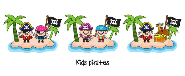 Kids Pirate Captain Sailor Characters Filled Clipart — Vettoriale Stock