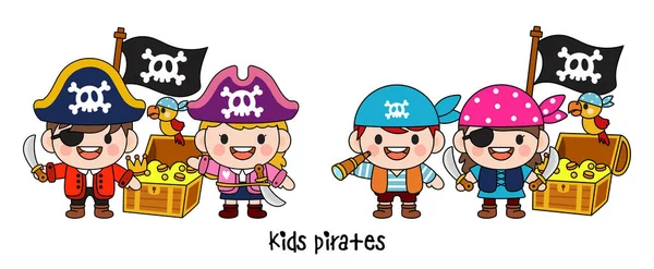 Kids Pirate Captain Sailor Characters Filled Clipart — стоковый вектор