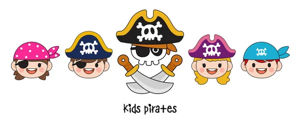 Kids Pirate Captain Sailor Characters Filled Clipart — Stock vektor