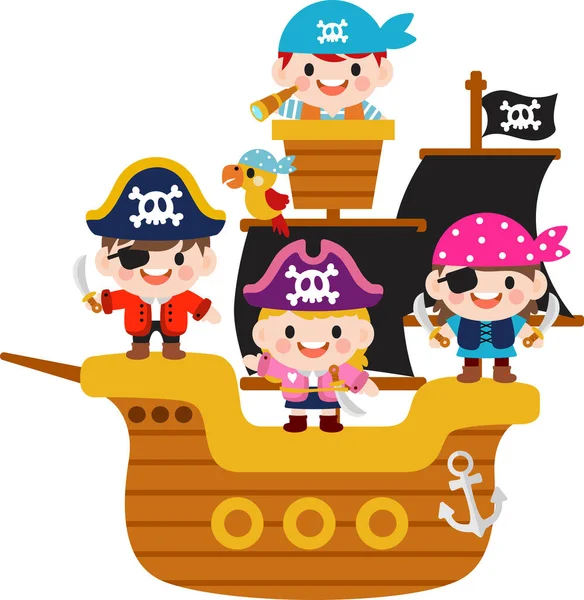 Kids Pirate Captain Sailor Characters Flat Clipart — Stock vektor