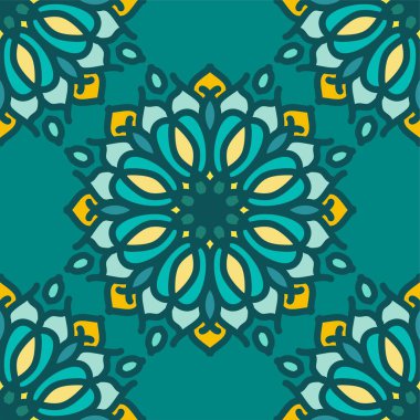 Kusursuz desenli sarı ışık güneşli mavi nane mandala çiçekli yaratıcı tasarım vektör çizimi arka planı