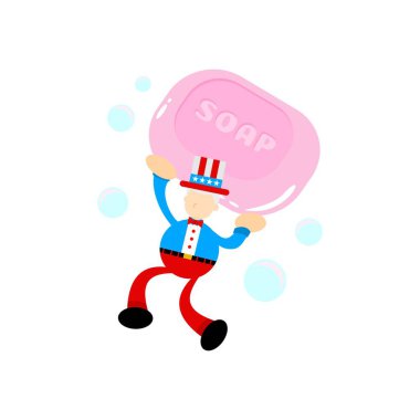 Amerika amca Sam ve sabun dezenfektanı çizgi film düz tasarım çizimi