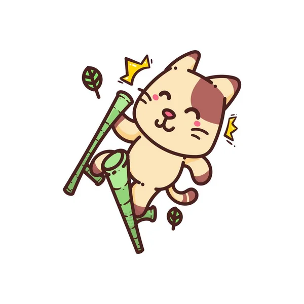 Cute Adorable Happy Brown Cat Play Bamboo Stilts Cartoon Doodle — Stock Vector