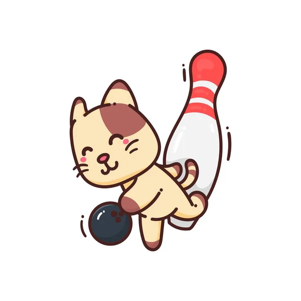 Adorable Mignon Happy Brown Cat Boule Bowling Sport Dessin Animé — Image vectorielle