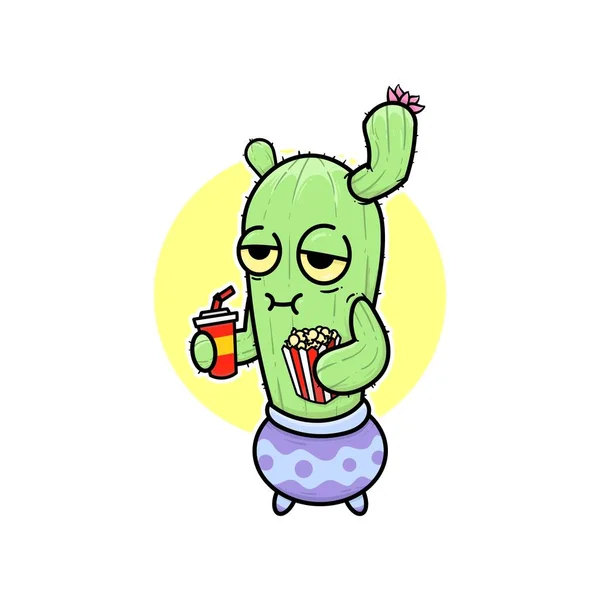 Lindo Cactus Verde Suculenta Bebida Palomitas Maíz Dibujos Animados Garabato — Vector de stock