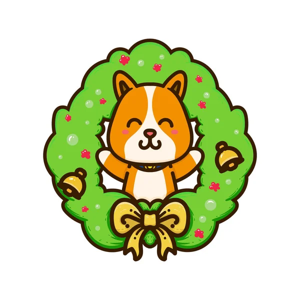 Счастливая Собака Милые Зеленые Рождественские Кольца Очаровательные Мультяшные Каракули Векторные — стоковый вектор