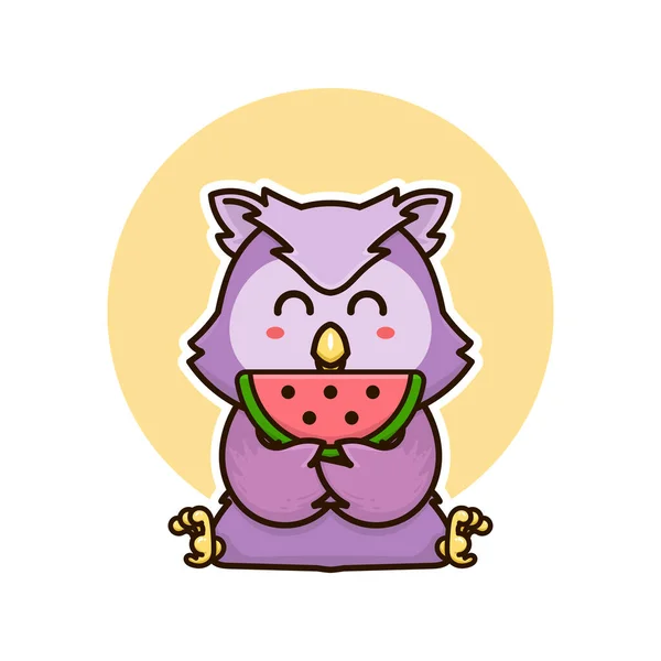 Pássaro Coruja Feliz Comer Fruta Melancia Adorável Desenho Animado Doodle —  Vetores de Stock