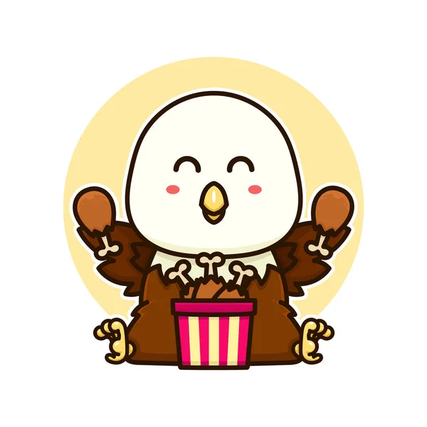 ハッピーハゲは鶏のドラムスティック愛らしい漫画のドアベクトルイラストフラットデザインスタイルを食べる — ストックベクタ