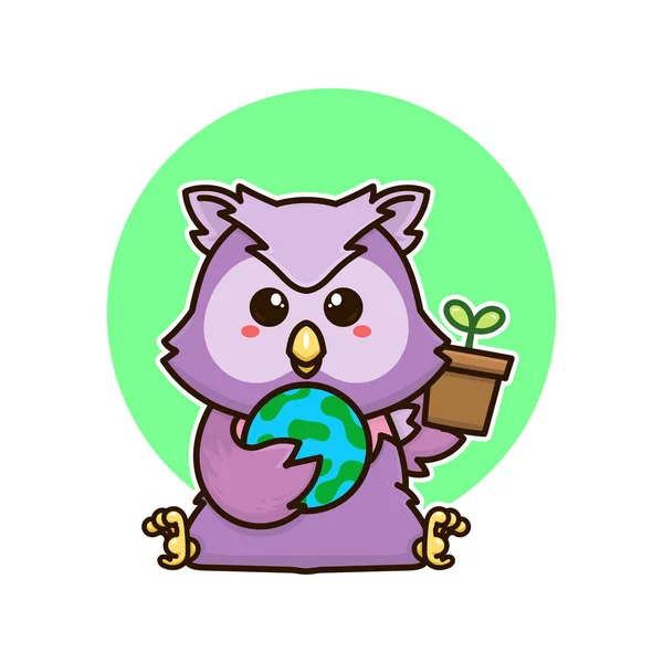 Glücklich Eule Vogel Und Pflanze Erde Planet Liebenswert Cartoon Doodle — Stockvektor