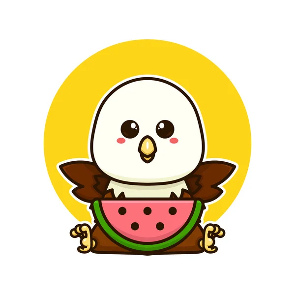 Glücklich Weißkopfseeadler Vogel Essen Wassermelone Frucht Liebenswert Cartoon Doodle Vektor — Stockvektor