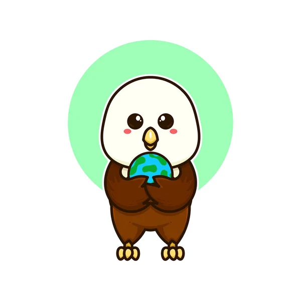 Šťastný Orel Bělohlavý Pták Zeměkoule Rozkošné Kreslené Kreslené Vektorové Ilustrace — Stockový vektor