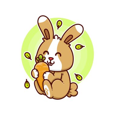 Mutlu tavşan havuç yer. Sevimli çizgi film karalama vektör çizimi düz tasarım stili.