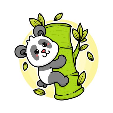 Mutlu panda ve bambu bitkisi tapılası karikatür vektör çizimi düz tasarım