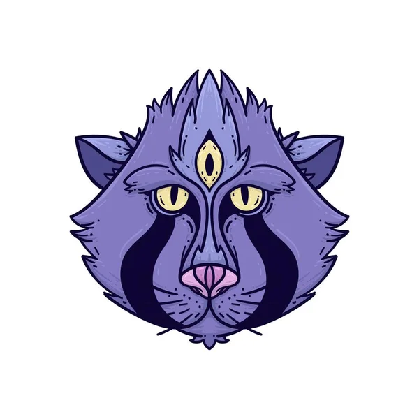 Púrpura Gato Monstruo Tres Ojo Cara Criatura Bestia Diseño — Vector de stock