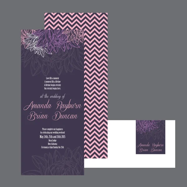 Ensemble de carte d'invitation de mariage fond violet — Image vectorielle