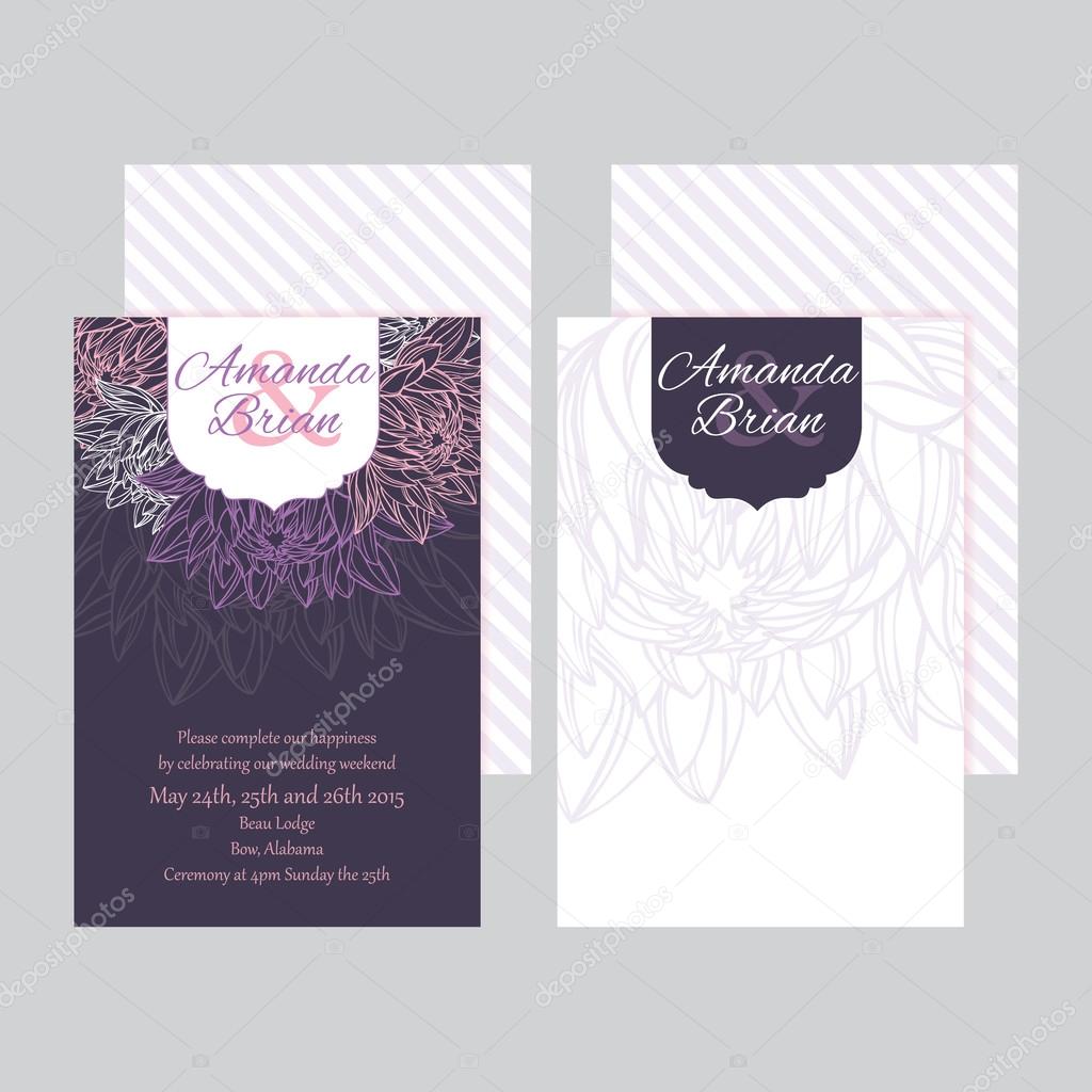 Set of wedding invitations card purple background 02