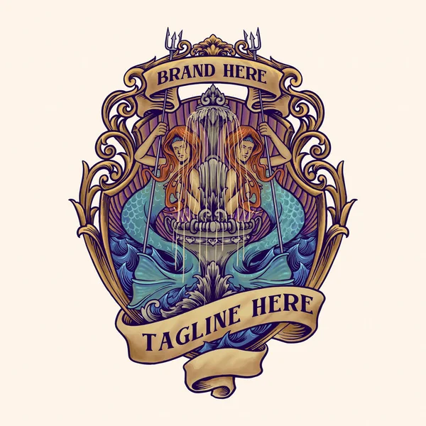 Mermaid Fountain Classic Illustrations Your Work Logo Mascot Merchandise Shirt — Image vectorielle