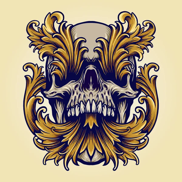 Angry Skull Victorian Gold Ornaments Vector Illustrations Your Work Logo — 图库矢量图片